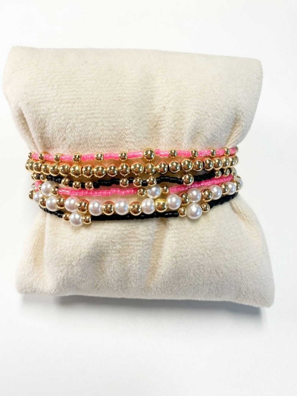 6 Pink, Black,Gold, And Pearl Stackable Bracelets. ENewton Inspired. 6.25”